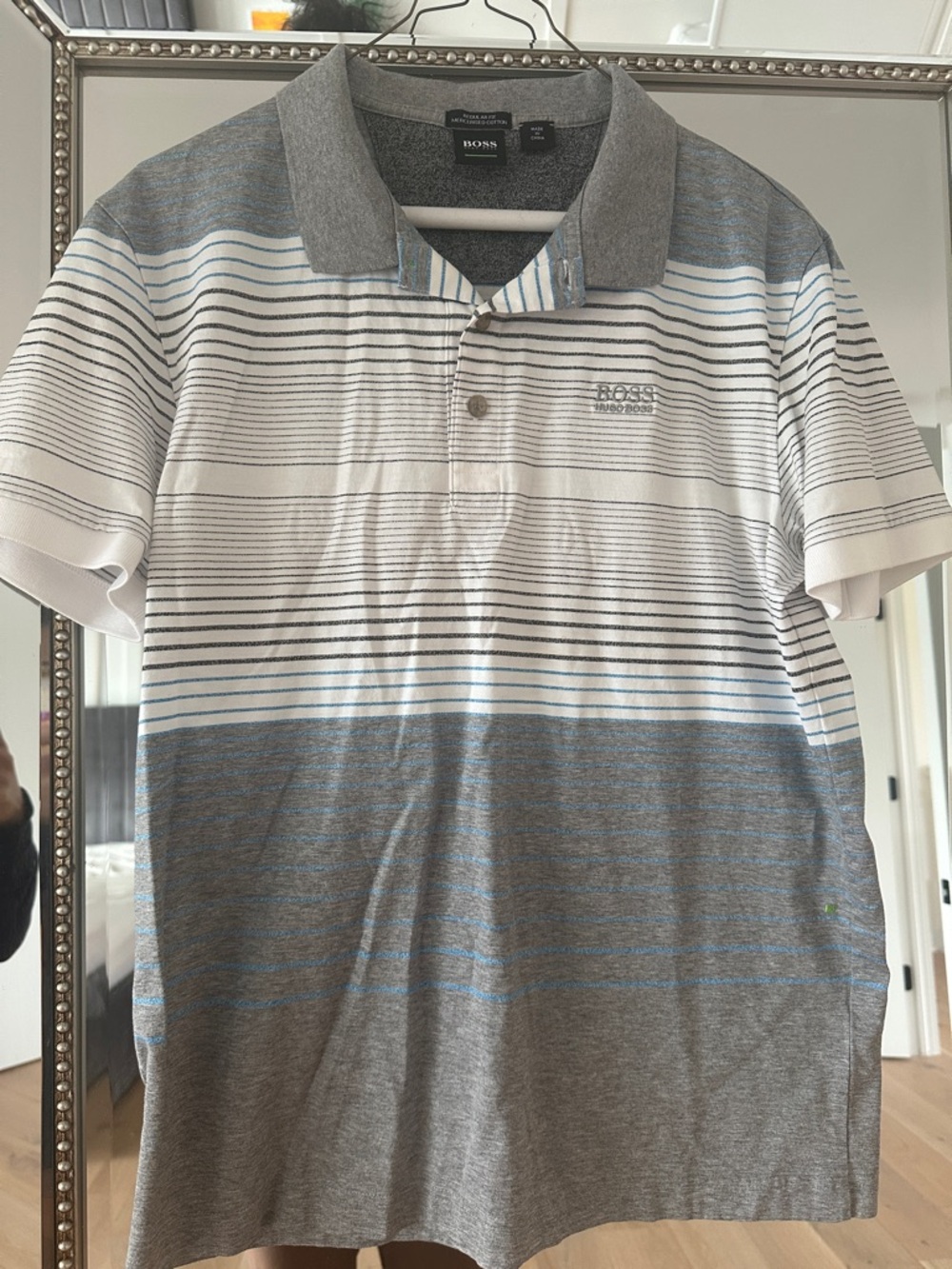 Hugo Boss Men's Gray & White Striped Polo with Light Blue Accents